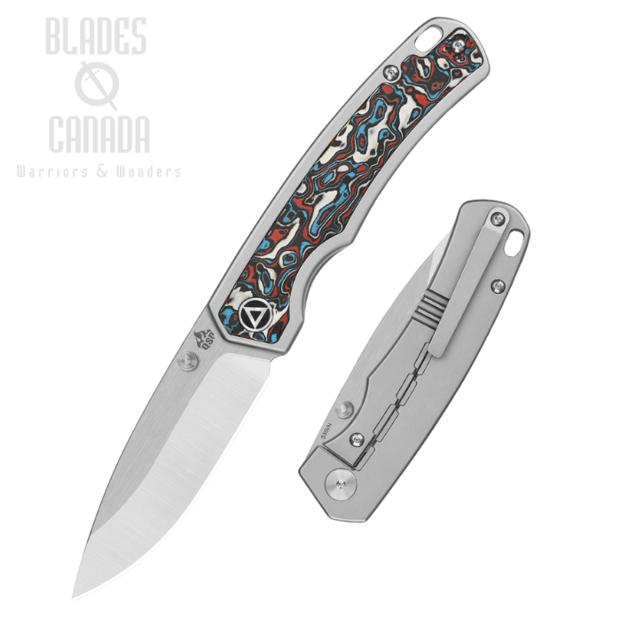 QSP Puffin Framelock Folding Knife, S35VN Satin, Titanium/Carbon Fiber Red & Blue, QS127-G1
