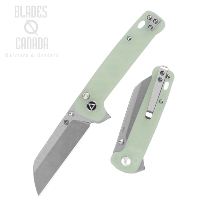 QSP Penguin Flipper Button Lock Knife, 14C28N Stonewash, G10 Jade, QS130BL-B1