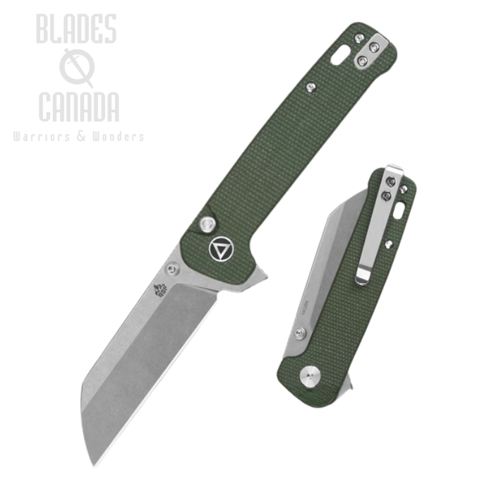 QSP Penguin Flipper Button Lock Knife, 14C28N Stonewash, Micarta Green, QS130BL-C1