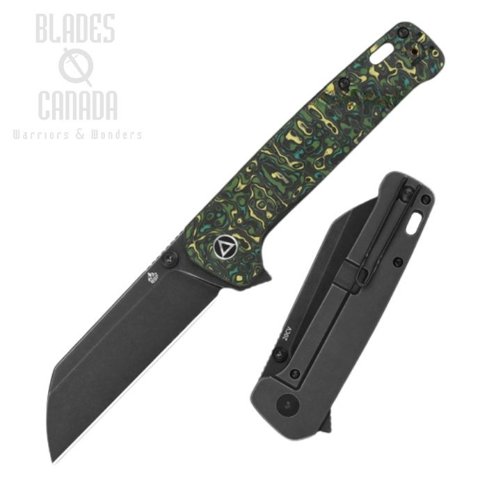 (image for) QSP Penguin Plus Flipper Framelock Knife, 20CV Black Stonewash, Carbon Fiber Yellow & Green, Titanium Black, QS130XL-F2
