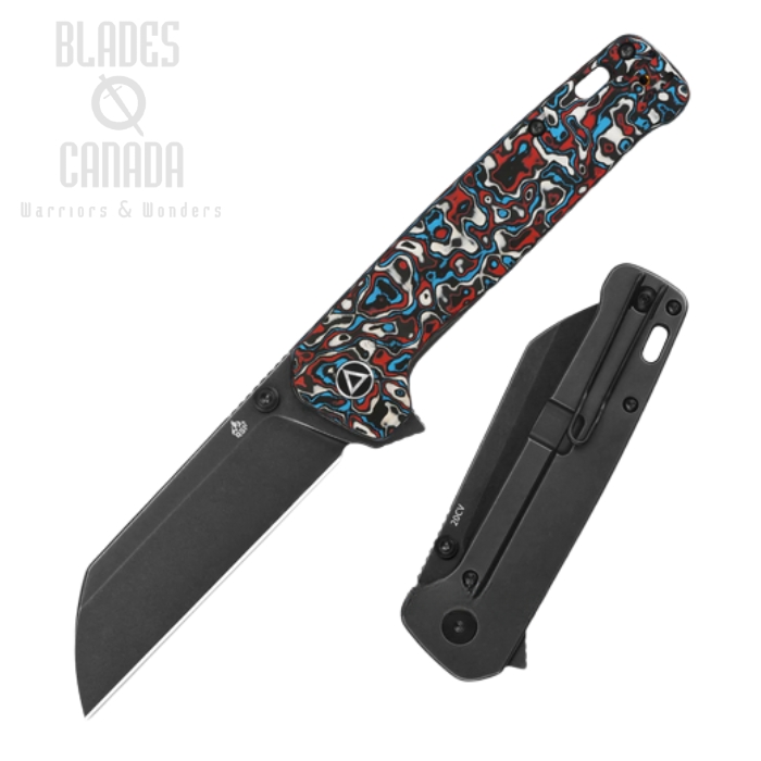 (image for) QSP Penguin Plus Flipper Framelock Knife, 20CV Black SW, Carbon Fiber Red & Blue/Titanium Black, QS130XL-G2