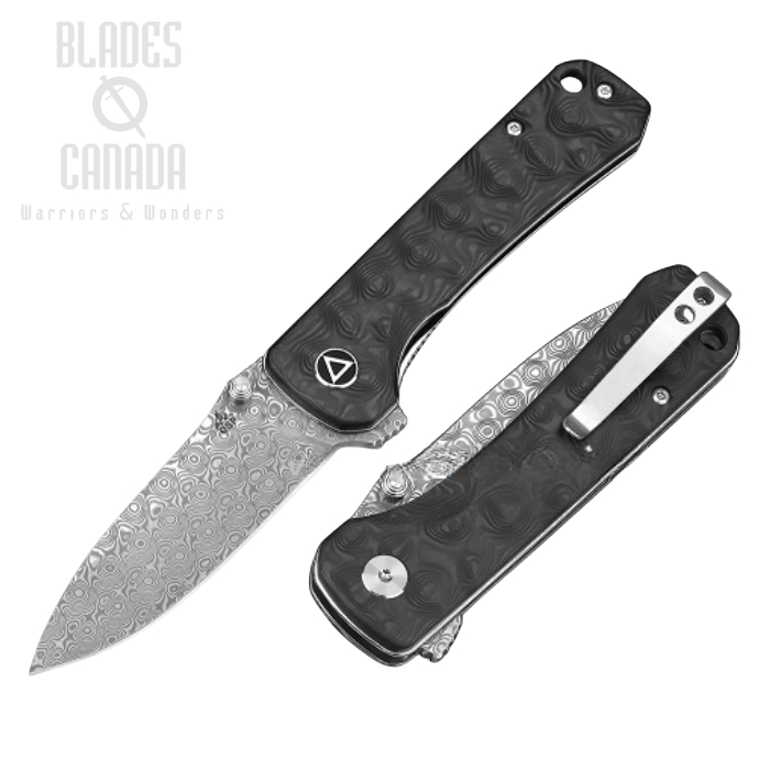 QSP Hawk Flipper Folding Knife, Damascus Steel, Carbon Fiber, QS131-A