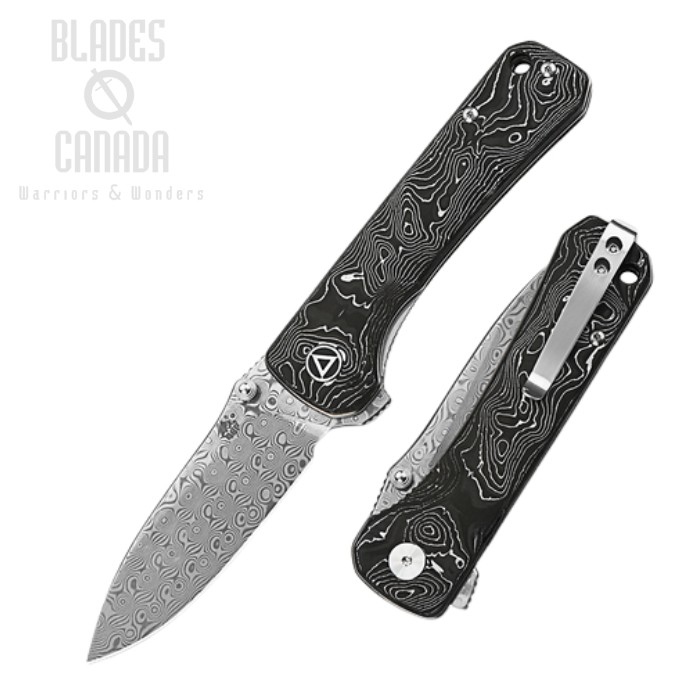 (image for) QSP Hawk Flipper Folding Knife, Damascus, Aluminum Foil Carbon Fiber, QS131-Q