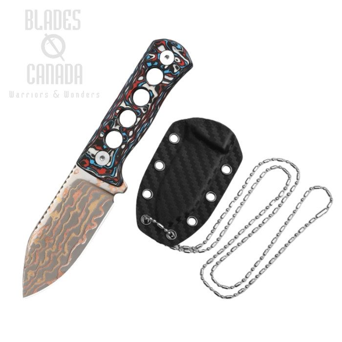 (image for) QSP Canary Fixed Blade Neck Knife, Brass Copper Damascus, Carbon Fiber Red & Blue, QS141-H