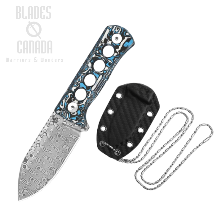 (image for) QSP Canary Fixed Blade Neck Knife, Laminated Damascus, Carbon Fiber Black/Blue, QS141-I