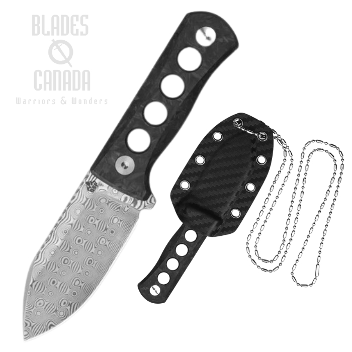 QSP Canary Fixed Blade Knife, Damascus, Shredded CF Blue Glow in the Dark, Kydex Sheath, QS141-L