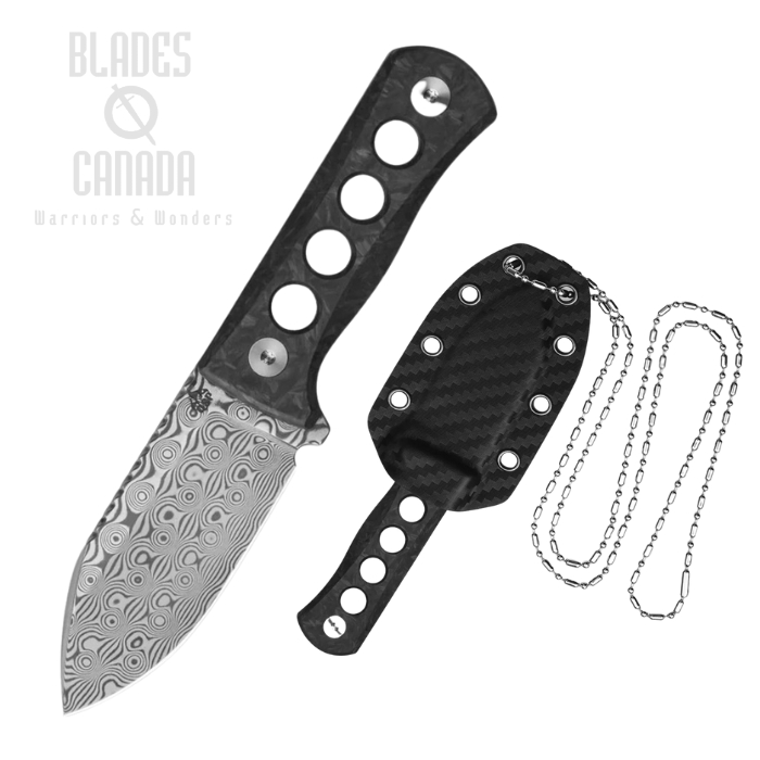 QSP Canary Fixed Blade Knife, Damascus, Shredded CF Green Glow in the Dark, Kydex Sheath, QS141-M