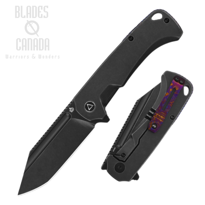 (image for) QSP Rhino Flipper Framelock Knife, M390 Black SW, Titanium Black w/Mokuti Clip, QS143-B