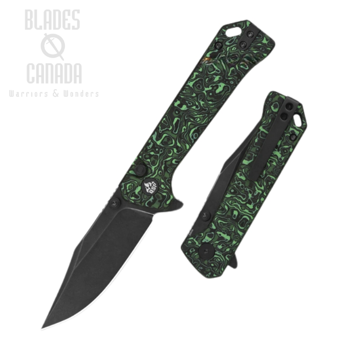 (image for) QSP Grebe Flipper Button Lock Knife, S35VN Black SW, Carbon Fiber Green/Black, QS147-G2