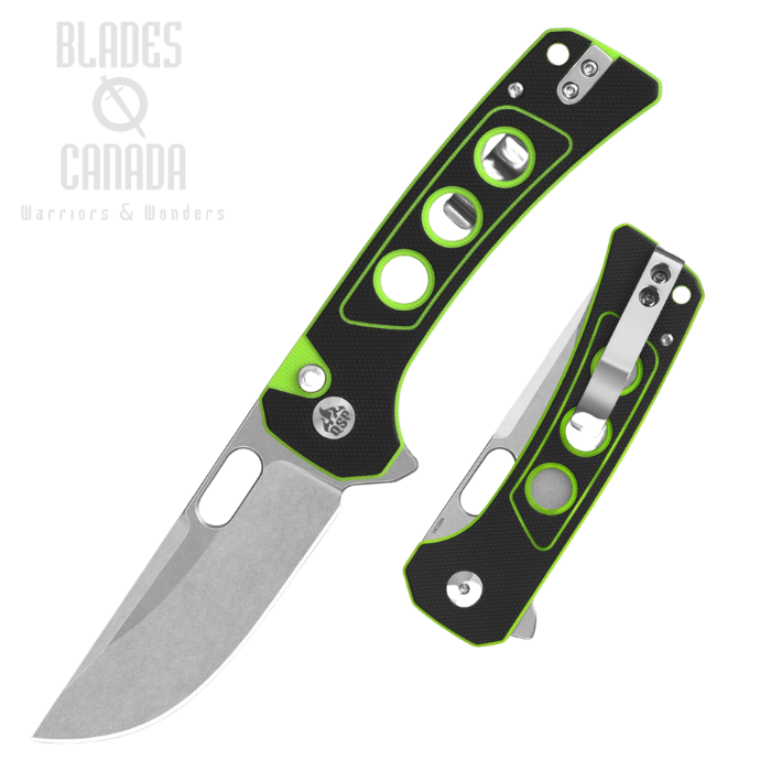 QSP Unicorn Flipper Button Lock Knife, 14C28N SW, G10 Black/Green, QS156-C1