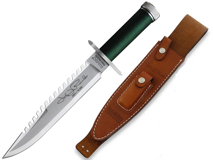 Rambo First Blood John Rambo Fixed Blade Knife, Stainless Satin, Cord Wrapped OD Green, RB9423