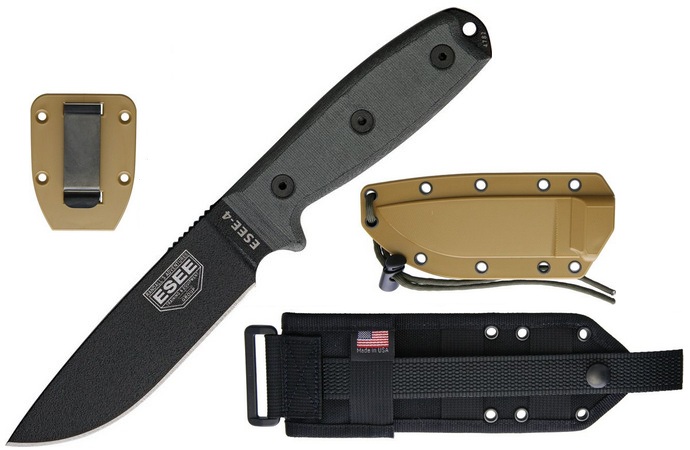 ESEE 4P-MB Fixed Blade Knife, 1095 Carbon, Micarta, Coyote Sheath w/MOLLE, 4P-MB