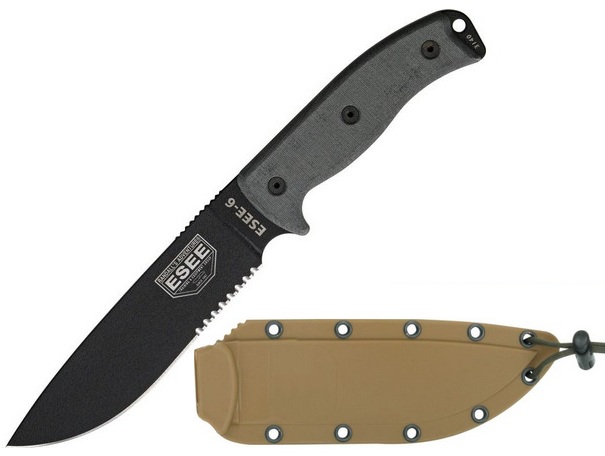 ESEE 6S Fixed Blade Knife, 1095 Carbon, Micarta Handle, Coyote Sheath, 6S