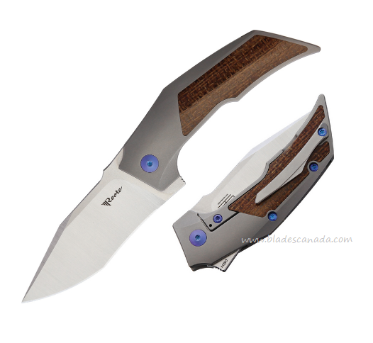Reate T3000 Flipper Framelock Knife, M390 Satin, Titanium/Micarta Brown, Blue Screws, REA094