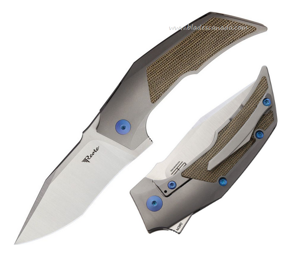 Reate T3000 Flipper Framelock Knife, M390 Satin, Micarta Green, Blue Screws, REA095