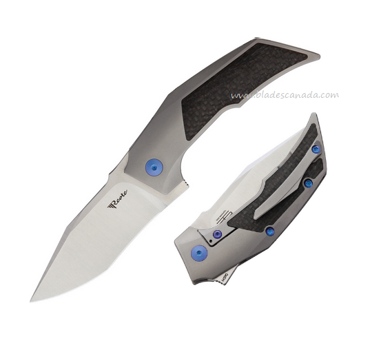 Reate T3000 Flipper Framelock Knife, M390 Satin, Titanium/Carbon Fiber, Blue Screws, REA096