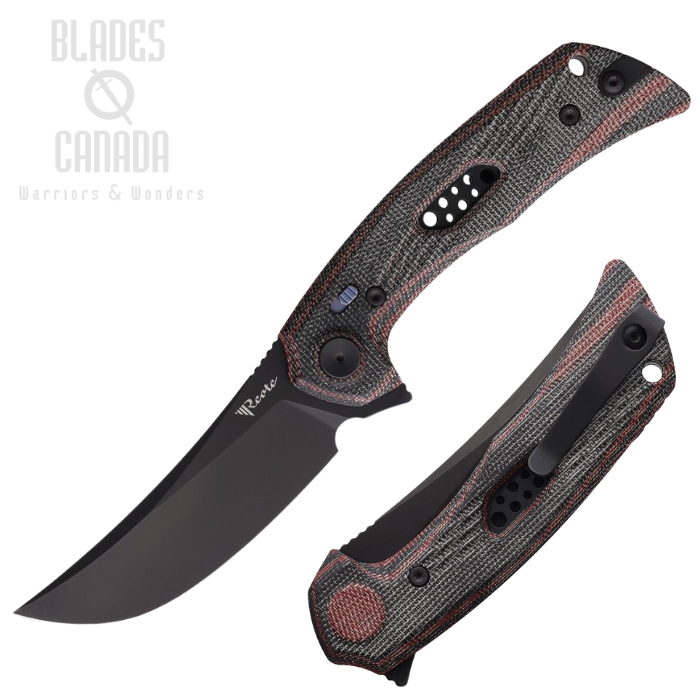 Reate PL-7 Flipper Pivot Lock Folding Knife, Nitro-V Black, Micarta Black/Red, REA195