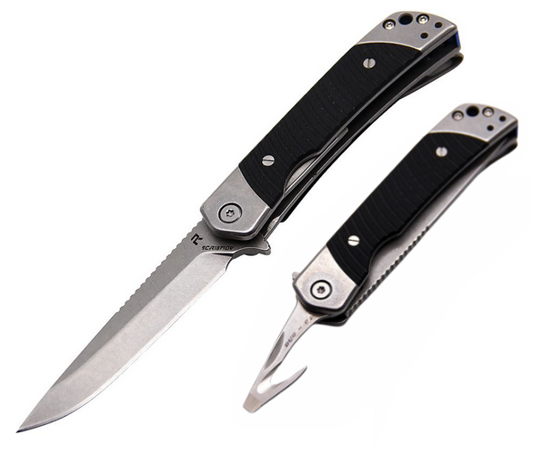 Revo Duo Flipper Folding Knife, Stonewash w/Guthook Blades, G10 Black, DUODBLK