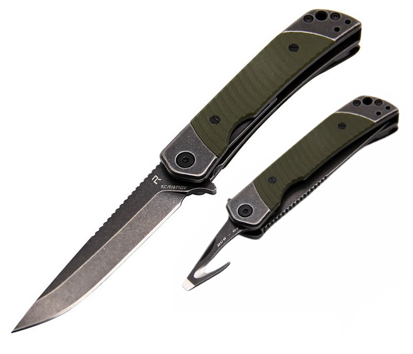 Revo Duo Flipper Folding Knife, Black SW w/Guthook Blades, G10 OD Green, DUODGRN
