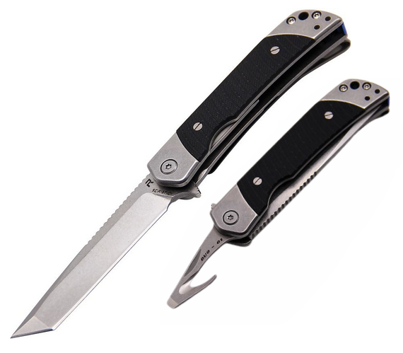 Revo Dupo Flipper Folding Knife, Stonewash Tanto w/Guthook Blades, G10 Black, DUOTBLK