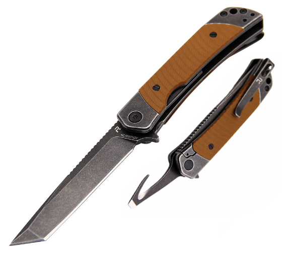 Revo Duo Flipper Folding Knife, Black SW Tanto w/Guthook Blades, G10 Brown, DUOTBRN