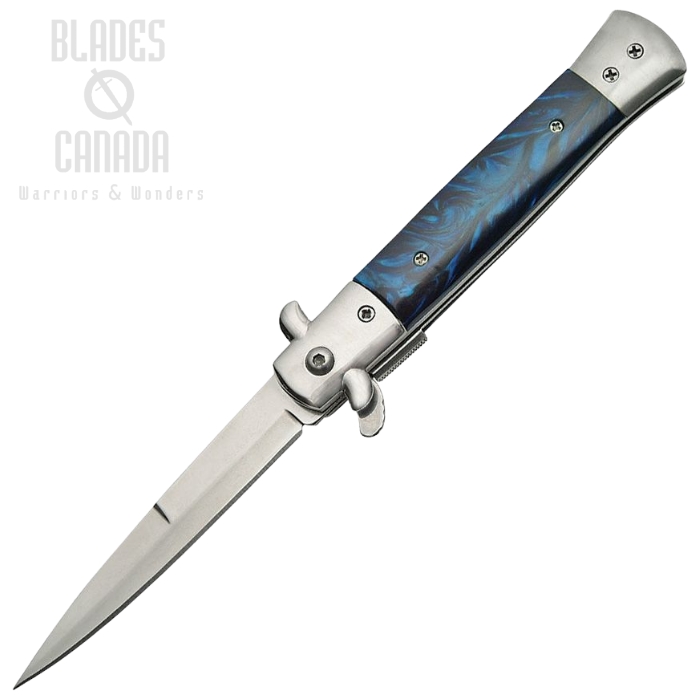 Rite Edge Flipper Folding Knife, Assisted Opening, Stainless Stiletto Satin, Acrylic Blue, CN300342BL
