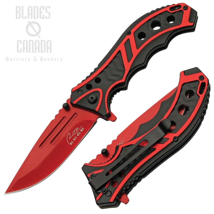 Rite Edge Caution Flipper Folding Knife, Stainless Red, Aluminum Black/Red, CN300585RD