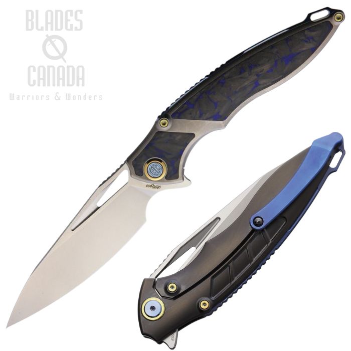 (image for) Rike Knife 1902 Flipper Framelock Knife, M390 Bead Blast/Satin, Titanium Dark Grey/CF Marble Blue & Black, RK1902-BCF