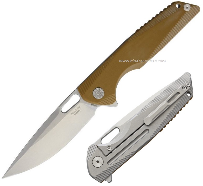 Rike Flipper Framelock Knife, 154CM, G10 Coyote/Titanium, RK802GBR - Click Image to Close