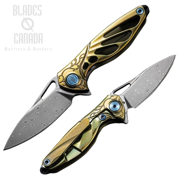Rike Mini Flipper Framelock Knife, Damascus Rose Pattern, Titanium Gold Ano, RKMINIGOLD