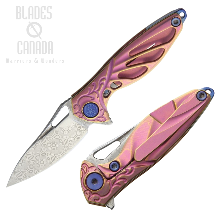 (image for) Rike Mini Hummingbird Flipper Framelock Knife, Damasteel DS93X, Titanium Pink Ano, Kydex Neck Sheath, RKMINIP