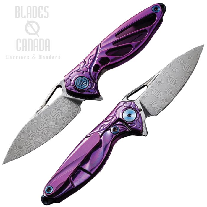 (image for) Rike Knife Mini Hummingbird Flipper Framelock Knife, Damascus Rose Pattern, Titanium Purple Ano, RKMINIPUR