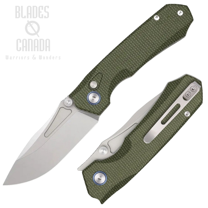 Remette Rhino Button Lock Folding Knife, 14C28N Satin, Micarta Green, RMTMC25A Remette Rhino Button Lock Folding Knife, 14C28N Satin, Micarta Green, RMTMC25A