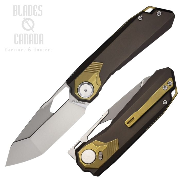 Remette Peregrine Falcon Button Folding KNife, M390 Pearlescent, Titanium Grey w/Gold Accents, RMTRTT1BX