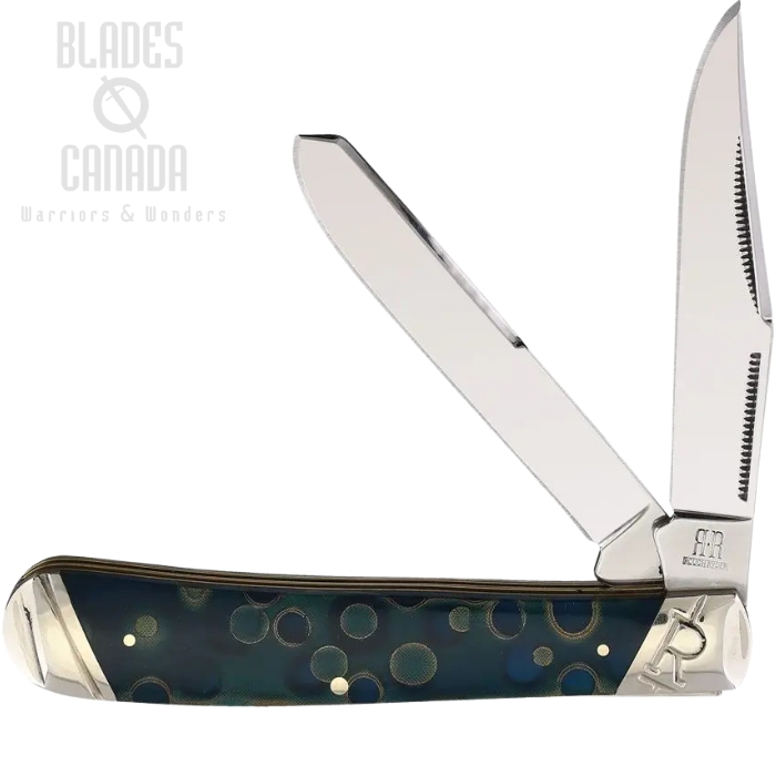 Rough Ryder Trapper Slipjoint Folding Knife, Stainless Blades, Acrylic Turquoise/Blue w/Metal Ribbon Swirls, RR2066