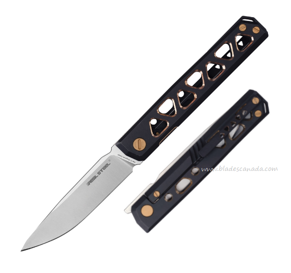 Real Steel Burns Flipper Framelock Knife, VG10 Satin, Titanium Black/Gold, 7661G