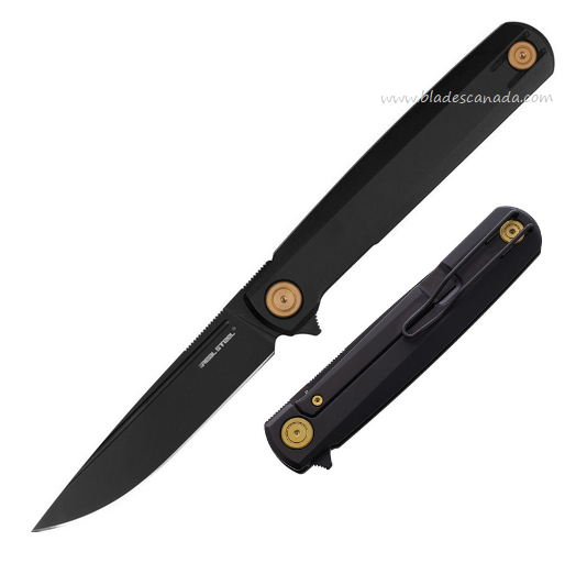 Real Steel G-Frame Flipper Framelock Knife, N690 Black, Titanium Black, Gold Accents, RS7874GB