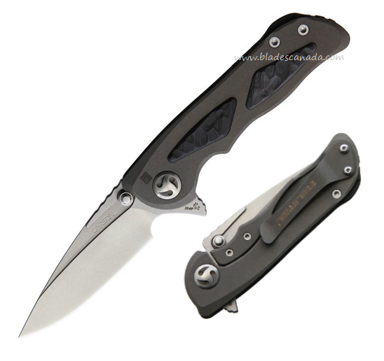 Real Steel Harrier Fledging Flipper Framelock Knife, CTS-204P Satin, Titanium/Carbon Fiber, RS9466