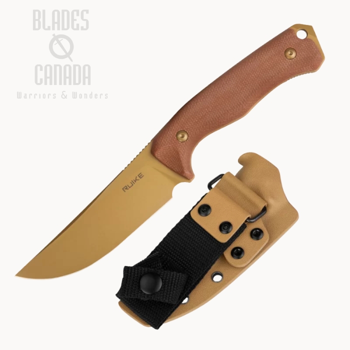(image for) Ruike F186-MN Fixed Blade Knife, D2 Gold PVD, Micarta Brown, ABS Sheath, F186-MN