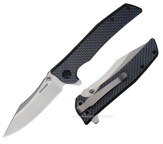 Rough Ryder Flipper Folding Knife, Stainless Satin, G10 Black/Blue, RR2082