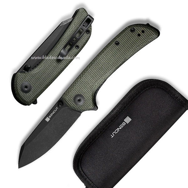 SENCUT Fritch Flipper Folding Knife, Black SW, Micarta Dark Green, S22014-1