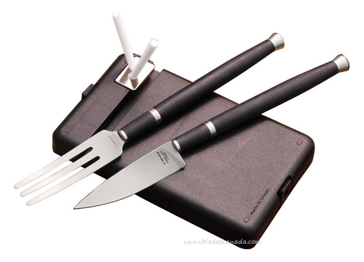 Spartan Blades Carnivore Dining Set, VG-10 Stainless Fork & Knife, G10 Black, Sharpening Rods, SBPCDS1