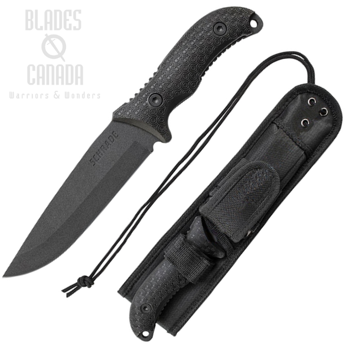 Schrade F36 Frontier Fixed Blade Knife, 1095 Black, Black Textured Handles, Nylon Sheath, SCHF36