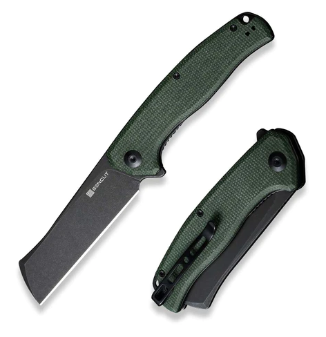 SENCUT Traxler Flipper Folding Knife, Black SW Blade, Micarta Green, S20057C