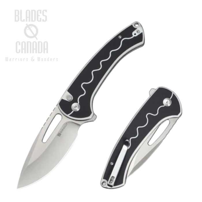 SENCUT Squiggy Flipper Button Lock Knife, Stainless Satin, G10 Black/White, S24082A-1