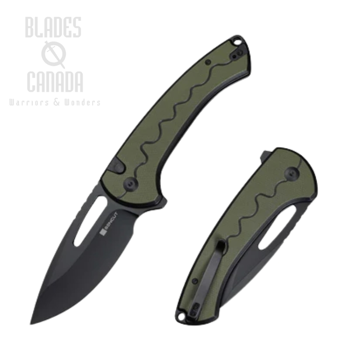SENCUT Squiggy Flipper Button Lock Knife, Stainless Black, G10 Black/Green, S24082A-2