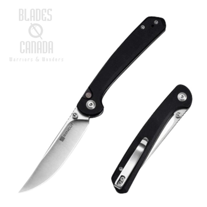 SENCUT Skelfin Button Lock Folding Knife, Satin Blade, G10 Black, S25007-2