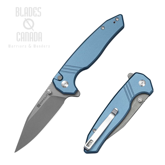 (image for) SENCUT Selkyris Flipper Button Lock Folding Knife, D2 Gray SW, Aluminum Blue, S25068-3