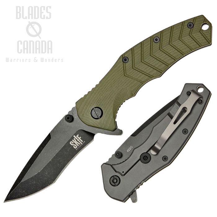 SKIF Griffin Flipper Framelock Knife, Black Stonewash Blade, G10 OD Green/Stainless, SKF422SEBG
