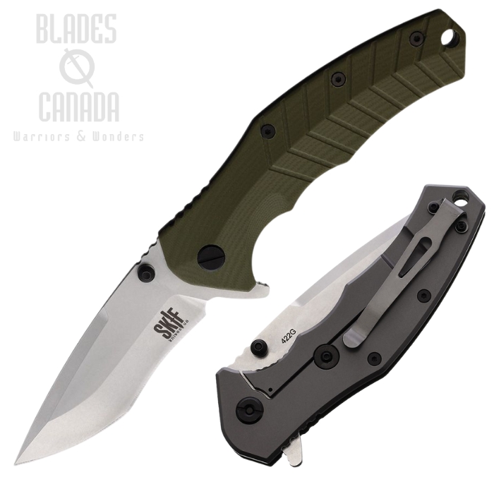 SKIF Griffin Flipper Framelock Knife, Stonewash Blade, G10 Olive, SKF422SEG